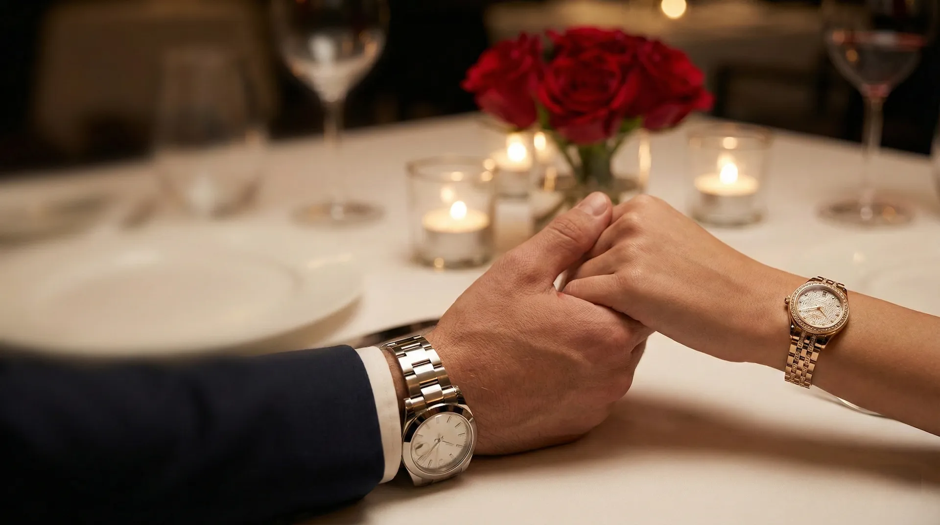Montres pour femmes et hommes au Maroc Couple se tenant la main avec montres de luxe homme et femme lors d'un dîner romantique - Idée cadeau Saint Valentin originale au Maroc