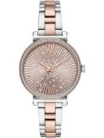 Marque: Michael Kors Modèle: Sofie Boîtier: Diamètre : 36 mm Épaisseur : 7 mm Acier inoxydable Argenté Cadran: Verre : Minéral Rose Gold Bracelet: Largeur : 14 mm Acier inoxydable Argenté Rose Gold Etanchéité: 50 m (5 ATM) Type de boucle: Boucle déployante