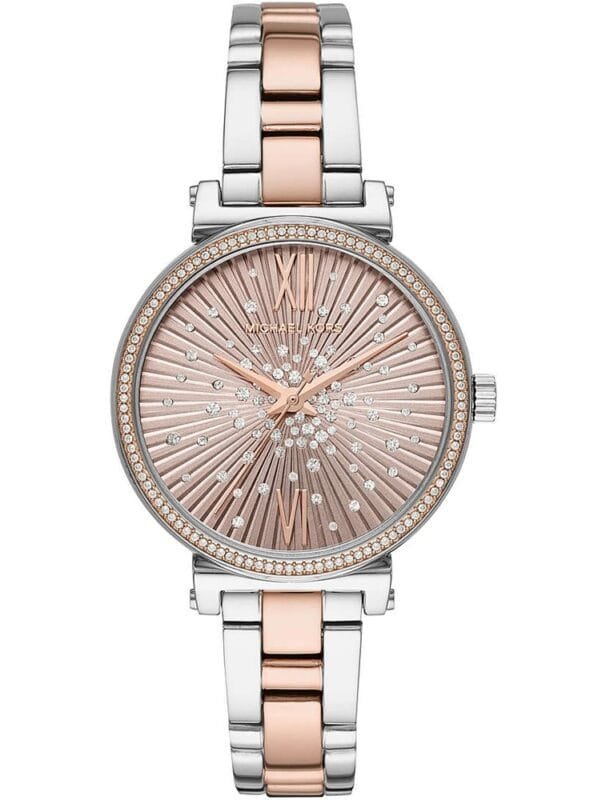Marque: Michael Kors Modèle: Sofie Boîtier: Diamètre : 36 mm Épaisseur : 7 mm Acier inoxydable Argenté Cadran: Verre : Minéral Rose Gold Bracelet: Largeur : 14 mm Acier inoxydable Argenté Rose Gold Etanchéité: 50 m (5 ATM) Type de boucle: Boucle déployante
