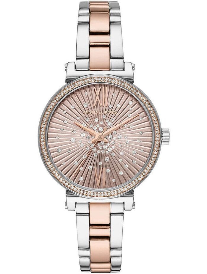 Marque: Michael Kors Modèle: Sofie Boîtier: Diamètre : 36 mm Épaisseur : 7 mm Acier inoxydable Argenté Cadran: Verre : Minéral Rose Gold Bracelet: Largeur : 14 mm Acier inoxydable Argenté Rose Gold Etanchéité: 50 m (5 ATM) Type de boucle: Boucle déployante