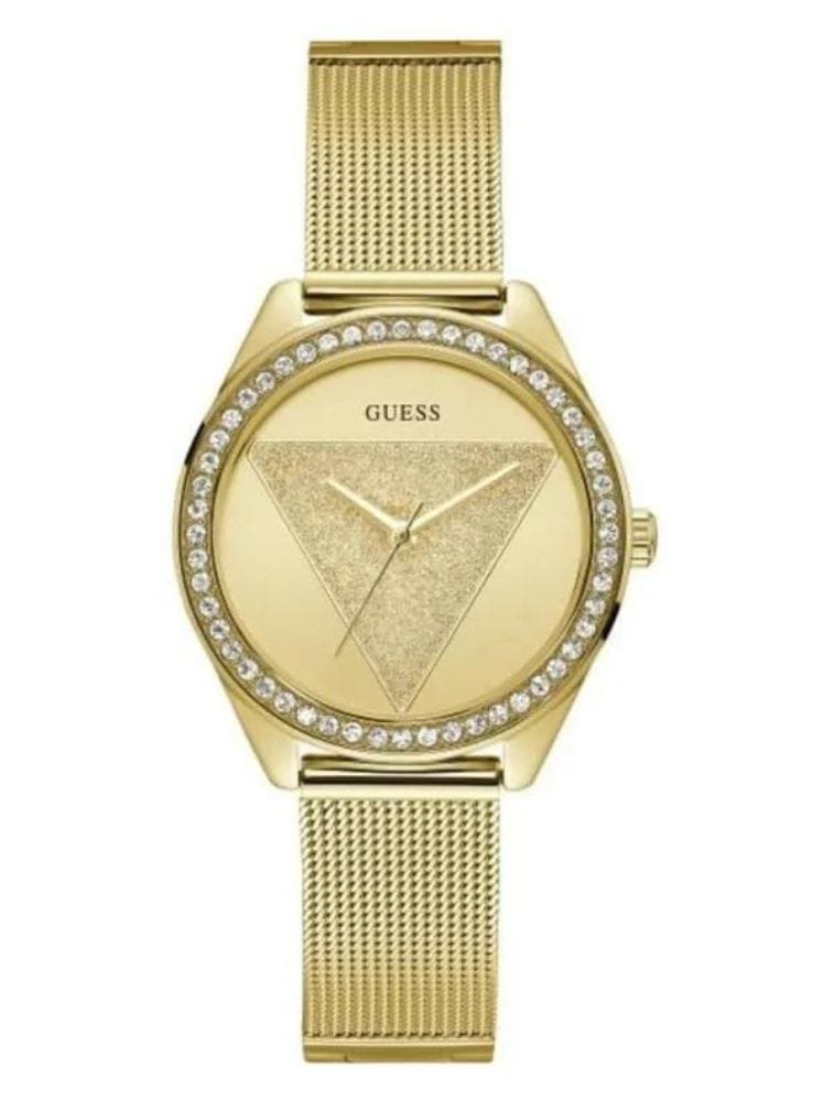Marque: Guess Modèle:W1142L2 W1142L2 Boîtier: Diamètre : 32mm Epaisseur : 9 mm Acier inoxydable Cadran: Verre : Minéral Gold Bracelet: Largeur : 18 mm Acier inoxydable Etanchéité: 30 m (3 ATM) Type de boucle: Boucle simple