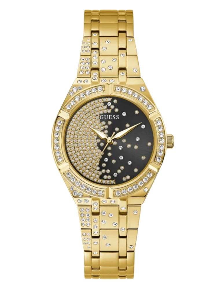 Product: GW0312L2 Dial Finish: Sunray Case Material: Stainless Steel Band Color: Gold Tone Buckle/Clasp: Pilot Buckle Case Color: Gold Tone Case Size: 36mm Dial Color: Black Watch Movement: Analog