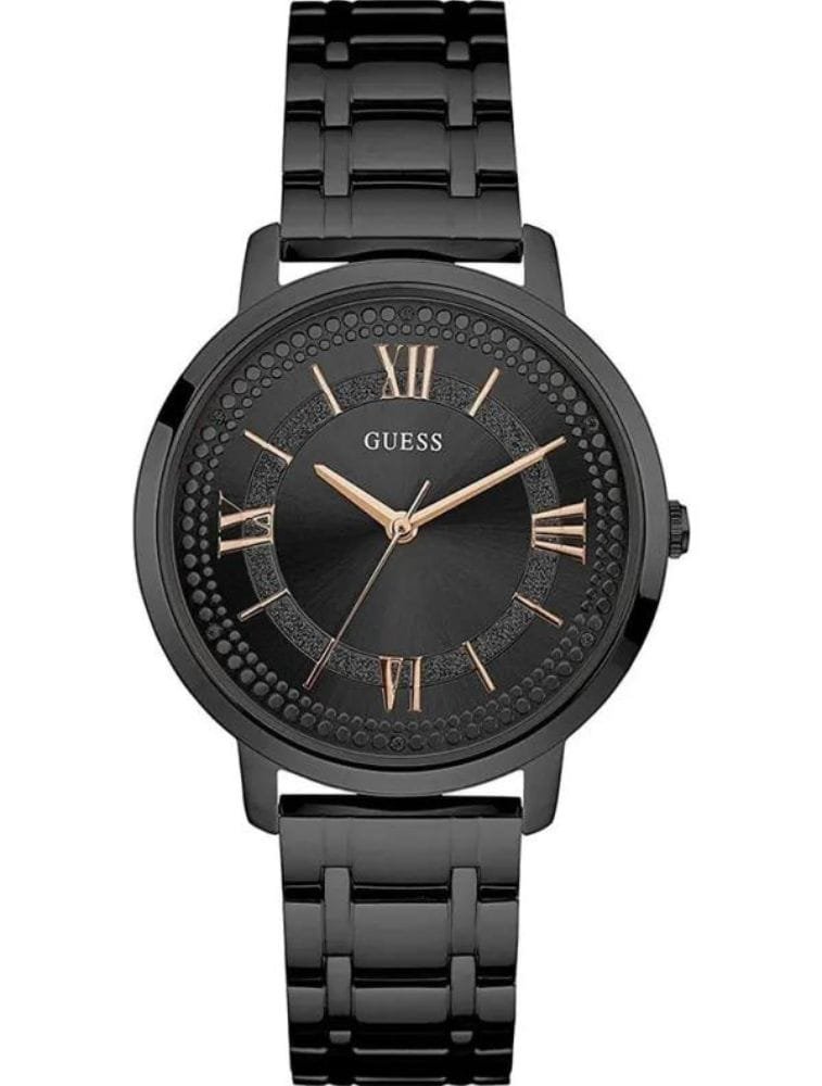 Marque: Guess Modèle: W0933L4 Boîtier: Diamètre : 40 mm Epaisseur : 9 mm Acier inoxydable Cadran: Verre : Minéral Gold Bracelet: Largeur : 18 mm Acier inoxydable Etanchéité: 30 m (3 ATM) Type de boucle: Boucle simple