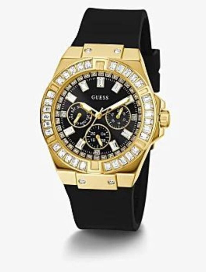 Informations sur la montre Nom de la marque, du vendeur ou de la collection GUESS Numéro de modèle GW0118L2 Numéro de pièce GW0118L2 Forme de l’article Type de matériau de la fenêtre du cadran Minéral Type d’affichage Analogique Fermoir Boucle Tang Matériau du boîtier Acier inoxydable Diamètre du boîtier 39 millimètres Épaisseur du boîtier 8,35 millimètres Matériau du bracelet Silicone Taille du bracelet Femme Standard Largeur de bande 20 millimètres Couleur du bracelet Noir Couleur du cadran Noir Matériau de la lunette Acier inoxydable Fonction Lunette Stationnaire Calendrier Pas de calendrier Particularités Poids de l’article 2,61 onces Mouvement Quartz Profondeur résistante à l’eau 50 mètres