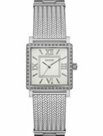 Marque: Guess Modèle: Highline Boîtier: Diamètre : 28 mm Epaisseur : 10 mm Acier inoxydable Pierre : Cristal Argent Cadran: Verre : Minéral Blanc Bracelet: Largeur : 20 mm Acier inoxydable Argent Etanchéité: 30 m (3 ATM) Type de boucle: Boucle déployante