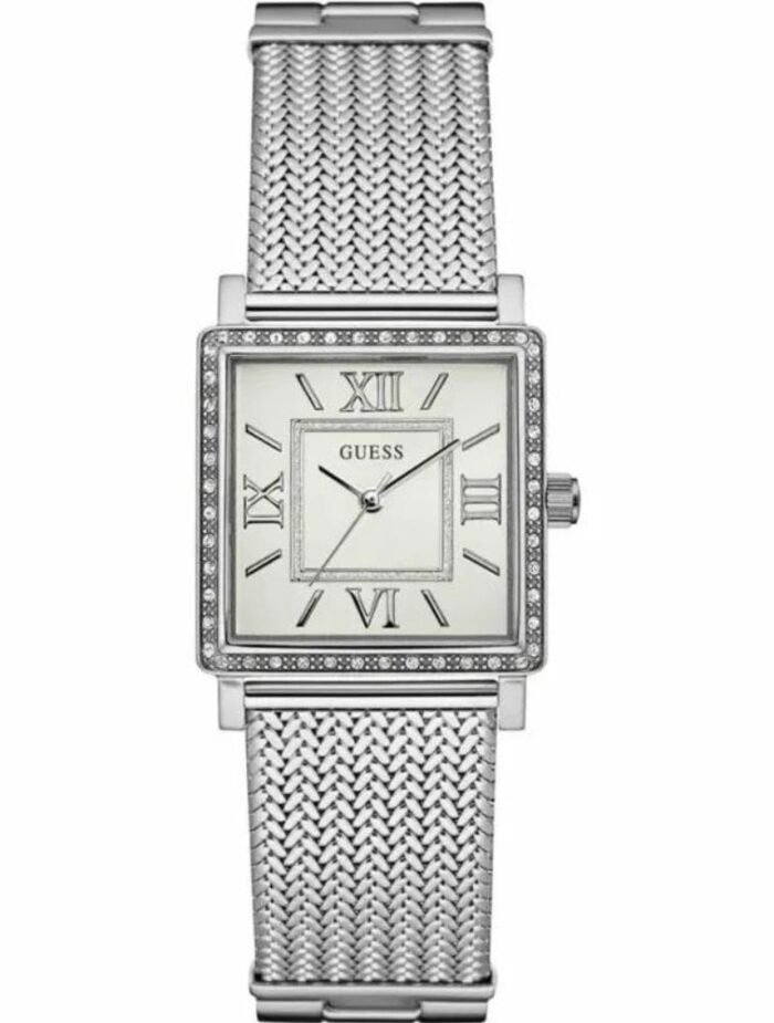Marque: Guess Modèle: Highline Boîtier: Diamètre : 28 mm Epaisseur : 10 mm Acier inoxydable Pierre : Cristal Argent Cadran: Verre : Minéral Blanc Bracelet: Largeur : 20 mm Acier inoxydable Argent Etanchéité: 30 m (3 ATM) Type de boucle: Boucle déployante