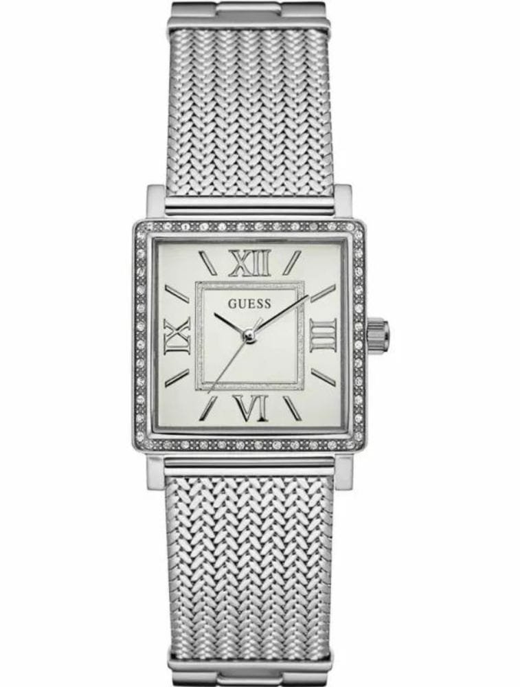 Marque: Guess Modèle: Highline Boîtier: Diamètre : 28 mm Epaisseur : 10 mm Acier inoxydable Pierre : Cristal Argent Cadran: Verre : Minéral Blanc Bracelet: Largeur : 20 mm Acier inoxydable Argent Etanchéité: 30 m (3 ATM) Type de boucle: Boucle déployante
