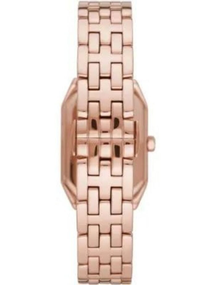 BRAND Emporio Armani ANALOGUE/DIGITAL Analogue CASE DEPTH APPROX. 6.00mm PRIMARY MATERIAL Stainless Steel CASE SHAPE Rectangle CASE WIDTH APPROX. 24.00mm CLASP TYPE Butterfly DIAL COLOUR White mother of pearl MULTIPLE TIME ZONES DISPLAY None GENDER Ladies GLASS Mineral MOVEMENT SOURCE Japan MOVEMENT Quartz STRAP COLOUR Rose Gold