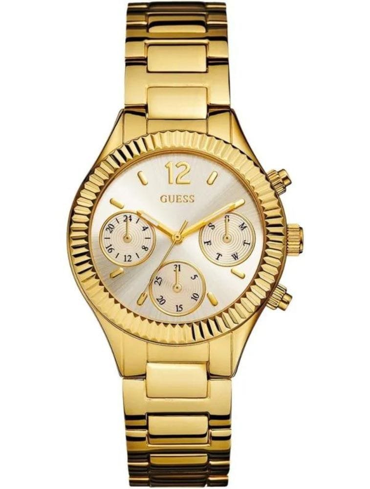 Marque: GUESS Modèle: Wirstwatch Boîtier: Diamètre : 35 mm Epaisseur : 10 mm Acier inoxydable Gold Cadran: Verre : Minéral Gold Bracelet: Largeur : 11 mm Acier Inoxydable Gold Etanchéité: 30 m (3 ATM) Type de boucle: Boucle déployante