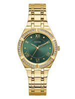Product: GW0033L8 Dial Finish: Sunray Case Material: Stainless Steel Band Color: Gold Tone Buckle/Clasp: Pilot Buckle Case Color: Gold Tone Case Size: 36mm Dial Color: Green Watch Movement: Analog