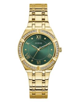 Product: GW0033L8 Dial Finish: Sunray Case Material: Stainless Steel Band Color: Gold Tone Buckle/Clasp: Pilot Buckle Case Color: Gold Tone Case Size: 36mm Dial Color: Green Watch Movement: Analog
