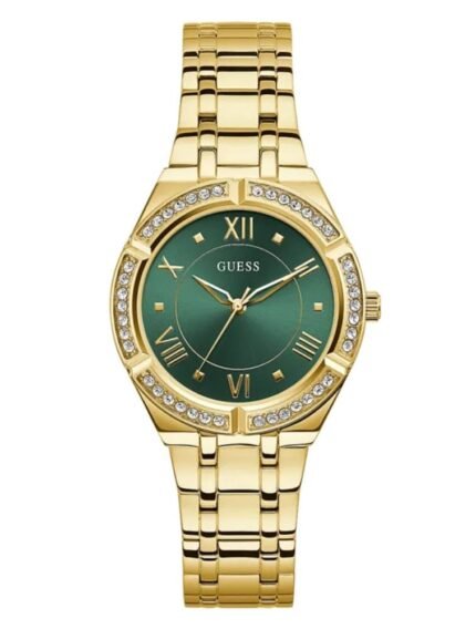Product: GW0033L8 Dial Finish: Sunray Case Material: Stainless Steel Band Color: Gold Tone Buckle/Clasp: Pilot Buckle Case Color: Gold Tone Case Size: 36mm Dial Color: Green Watch Movement: Analog