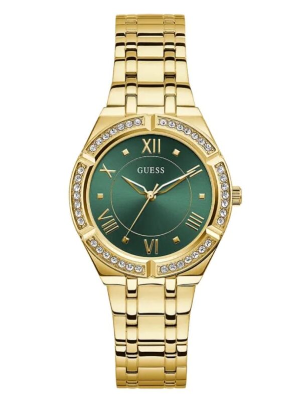 Product: GW0033L8 Dial Finish: Sunray Case Material: Stainless Steel Band Color: Gold Tone Buckle/Clasp: Pilot Buckle Case Color: Gold Tone Case Size: 36mm Dial Color: Green Watch Movement: Analog