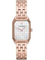 BRAND Emporio Armani ANALOGUE/DIGITAL Analogue CASE DEPTH APPROX. 6.00mm PRIMARY MATERIAL Stainless Steel CASE SHAPE Rectangle CASE WIDTH APPROX. 24.00mm CLASP TYPE Butterfly DIAL COLOUR White mother of pearl MULTIPLE TIME ZONES DISPLAY None GENDER Ladies GLASS Mineral MOVEMENT SOURCE Japan MOVEMENT Quartz STRAP COLOUR Rose Gold