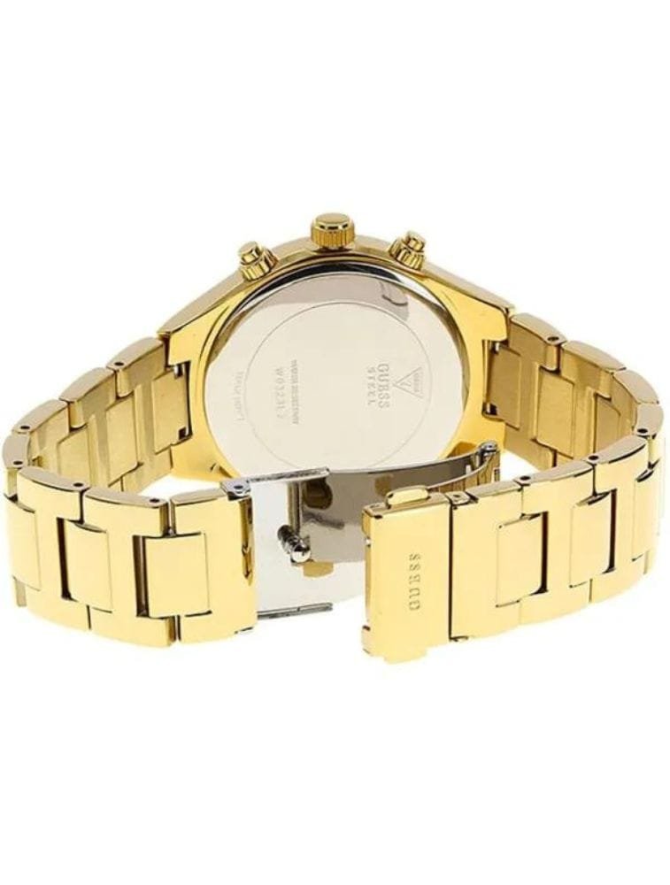 Marque: GUESS Modèle: Wirstwatch Boîtier: Diamètre : 35 mm Epaisseur : 10 mm Acier inoxydable Gold Cadran: Verre : Minéral Gold Bracelet: Largeur : 11 mm Acier Inoxydable Gold Etanchéité: 30 m (3 ATM) Type de boucle: Boucle déployante