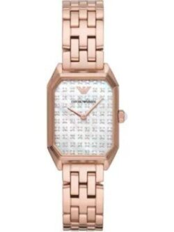BRAND Emporio Armani ANALOGUE/DIGITAL Analogue CASE DEPTH APPROX. 6.00mm PRIMARY MATERIAL Stainless Steel CASE SHAPE Rectangle CASE WIDTH APPROX. 24.00mm CLASP TYPE Butterfly DIAL COLOUR White mother of pearl MULTIPLE TIME ZONES DISPLAY None GENDER Ladies GLASS Mineral MOVEMENT SOURCE Japan MOVEMENT Quartz STRAP COLOUR Rose Gold