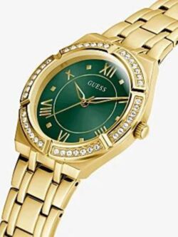 Product: GW0033L8 Dial Finish: Sunray Case Material: Stainless Steel Band Color: Gold Tone Buckle/Clasp: Pilot Buckle Case Color: Gold Tone Case Size: 36mm Dial Color: Green Watch Movement: Analog