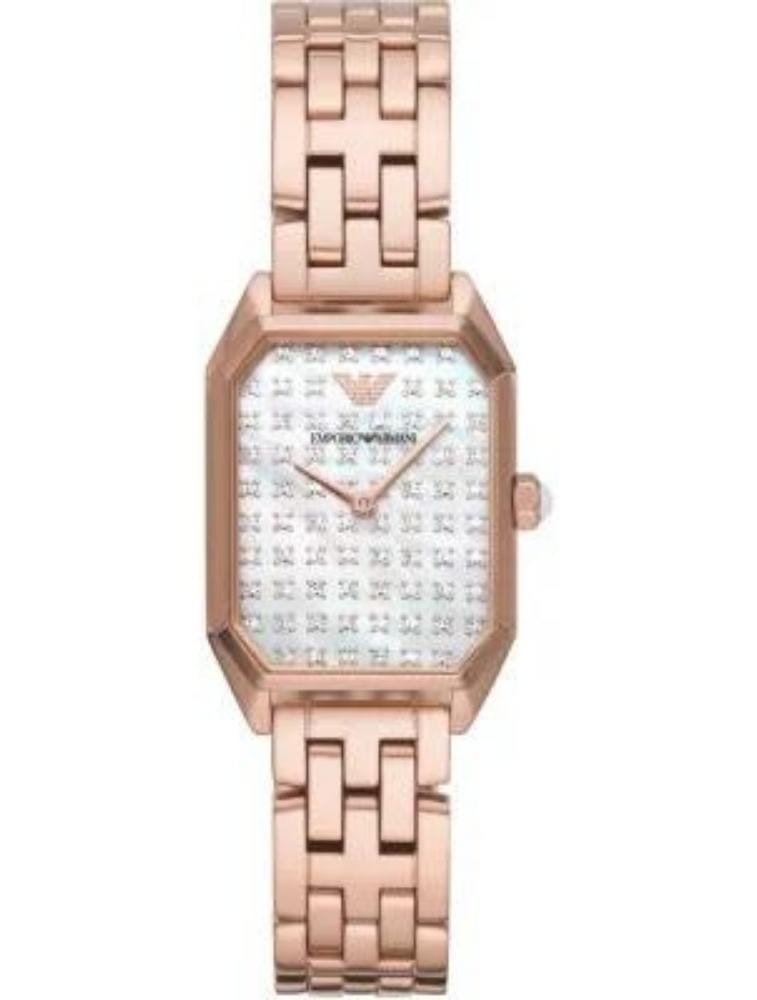 BRAND Emporio Armani ANALOGUE/DIGITAL Analogue CASE DEPTH APPROX. 6.00mm PRIMARY MATERIAL Stainless Steel CASE SHAPE Rectangle CASE WIDTH APPROX. 24.00mm CLASP TYPE Butterfly DIAL COLOUR White mother of pearl MULTIPLE TIME ZONES DISPLAY None GENDER Ladies GLASS Mineral MOVEMENT SOURCE Japan MOVEMENT Quartz STRAP COLOUR Rose Gold