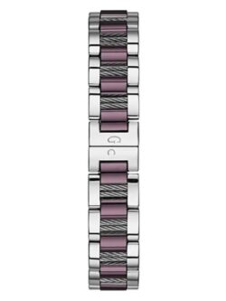 Marque: Guess Collection Modèle: Cablechic Boîtier: Diamètre : 38 mm Epaisseur : 11.5 mm Acier inoxydable Argent, mauve Cadran: Verre : Minéral Argent Bracelet: Largeur : 18 mm Acier inoxydable Argent, mauve Etanchéité: 100 m (10 ATM) Type de boucle: Boucle déployante Détails techniques: Dateur