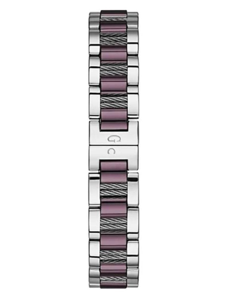 Marque: Guess Collection Modèle: Cablechic Boîtier: Diamètre : 38 mm Epaisseur : 11.5 mm Acier inoxydable Argent, mauve Cadran: Verre : Minéral Argent Bracelet: Largeur : 18 mm Acier inoxydable Argent, mauve Etanchéité: 100 m (10 ATM) Type de boucle: Boucle déployante Détails techniques: Dateur