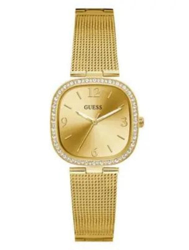 Product: GW0354L2 Dial Finish: Sunray Case Material: Stainless Steel Band Color: Gold Tone Buckle/Clasp: Hook Slide Clasp Case Color: Gold Tone Case Size: 32.0mm Dial Color: Champagne Watch Movement: Analog