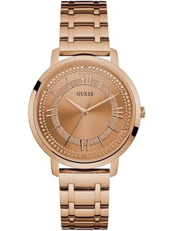 Marque: Guess Modèle: W0933L3 Boîtier: Diamètre : 40 mm Epaisseur : 9 mm Acier inoxydable Cadran: Verre : Minéral Gold Bracelet: Largeur : 18 mm Acier inoxydable Etanchéité: 30 m (3 ATM) Type de boucle: Boucle simple