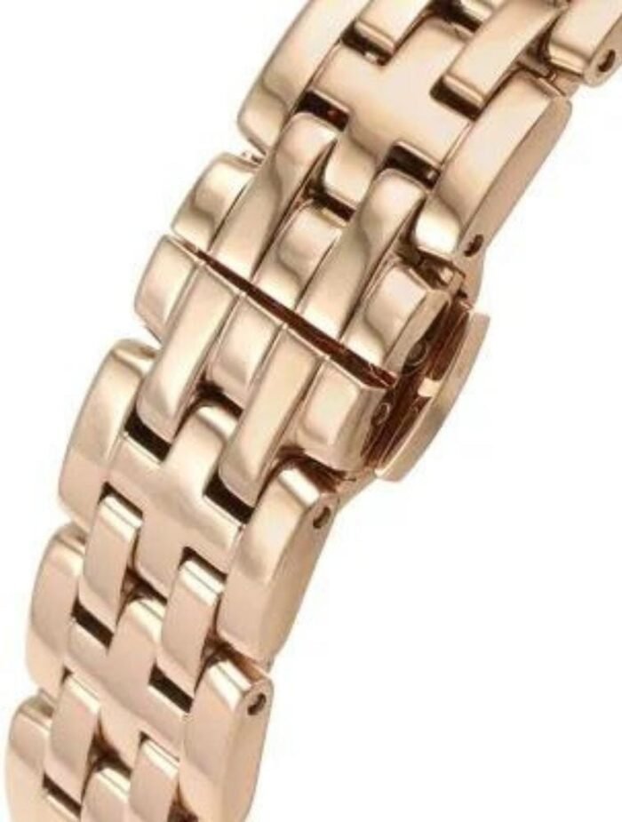 BRAND Emporio Armani ANALOGUE/DIGITAL Analogue CASE DEPTH APPROX. 6.00mm PRIMARY MATERIAL Stainless Steel CASE SHAPE Rectangle CASE WIDTH APPROX. 24.00mm CLASP TYPE Butterfly DIAL COLOUR White mother of pearl MULTIPLE TIME ZONES DISPLAY None GENDER Ladies GLASS Mineral MOVEMENT SOURCE Japan MOVEMENT Quartz STRAP COLOUR Rose Gold