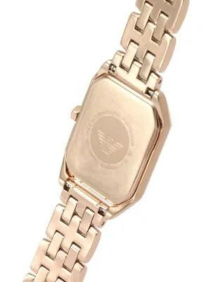 BRAND Emporio Armani ANALOGUE/DIGITAL Analogue CASE DEPTH APPROX. 6.00mm PRIMARY MATERIAL Stainless Steel CASE SHAPE Rectangle CASE WIDTH APPROX. 24.00mm CLASP TYPE Butterfly DIAL COLOUR White mother of pearl MULTIPLE TIME ZONES DISPLAY None GENDER Ladies GLASS Mineral MOVEMENT SOURCE Japan MOVEMENT Quartz STRAP COLOUR Rose Gold