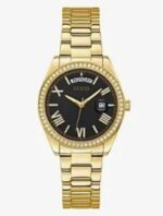 Product: GW0307L2 Dial Finish: Sunray Case Material: Stainless Steel Band Color: Gold Tone Buckle/Clasp: Pilot Buckle Case Color: Gold Tone Case Size: 36mm Dial Color: Black Watch Movement: Day/Date