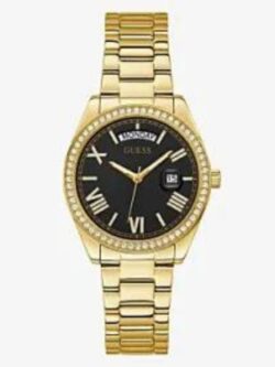 Product: GW0307L2 Dial Finish: Sunray Case Material: Stainless Steel Band Color: Gold Tone Buckle/Clasp: Pilot Buckle Case Color: Gold Tone Case Size: 36mm Dial Color: Black Watch Movement: Day/Date