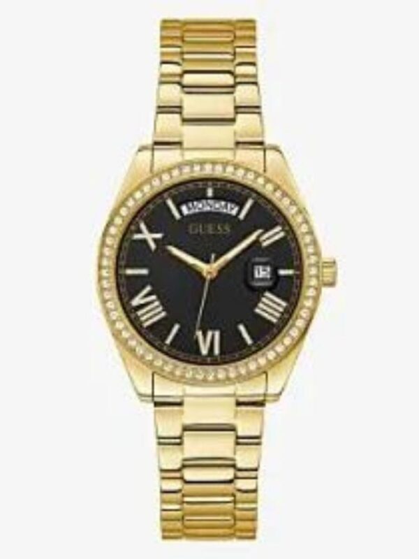 Product: GW0307L2 Dial Finish: Sunray Case Material: Stainless Steel Band Color: Gold Tone Buckle/Clasp: Pilot Buckle Case Color: Gold Tone Case Size: 36mm Dial Color: Black Watch Movement: Day/Date