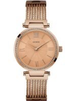 Montre Femme Guess W0638L4 Soho or rose avec cadran noir texturé, boîtier en acier rosé et bracelet or rose câblé