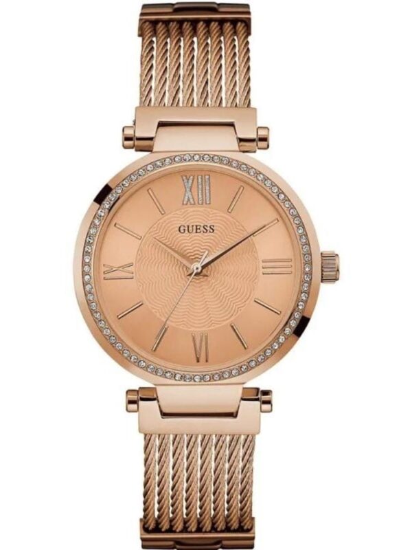 Montre Femme Guess W0638L4 Soho or rose avec cadran noir texturé, boîtier en acier rosé et bracelet or rose câblé