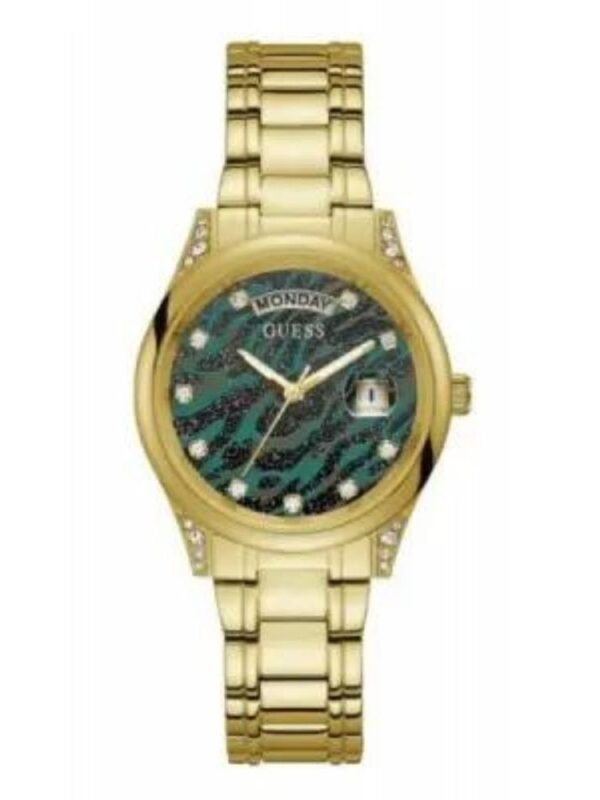 GARANTIE 2 Ans TYPE DE GARANTIE Fabricant AFFICHAGE Analogique ETANCHÉITÉ 30 m (3 ATM) MATIÈRE BOITIER Acier COULEUR BOITIER doré FORME DE BOITIER Rond COULEUR DU CADRAN Vert VERRE Minéral TYPE FERMETURE Boucle déployante DIAMÈTRE BOITIER 36 mm