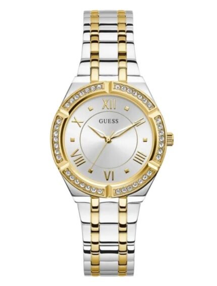 Product: GW0033L4 Dial Finish: Sunray Case Material: Stainless Steel Band Color: Silver Tone/Gold Tone Buckle/Clasp: Pilot Buckle Case Color: Silver Tone/Gold Tone Case Size: 36mm Dial Color: Silver Watch Movement: Analog