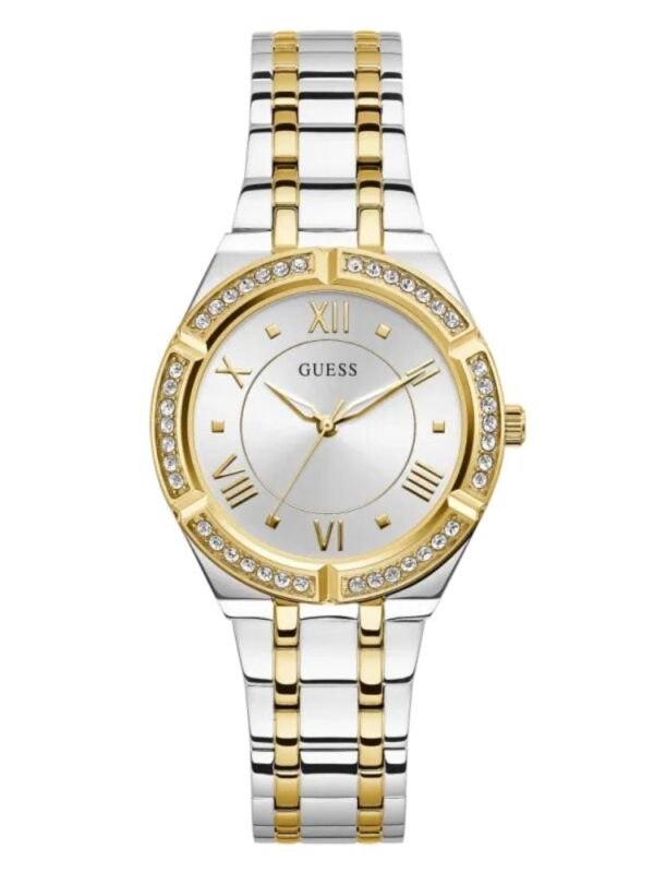 Product: GW0033L4 Dial Finish: Sunray Case Material: Stainless Steel Band Color: Silver Tone/Gold Tone Buckle/Clasp: Pilot Buckle Case Color: Silver Tone/Gold Tone Case Size: 36mm Dial Color: Silver Watch Movement: Analog