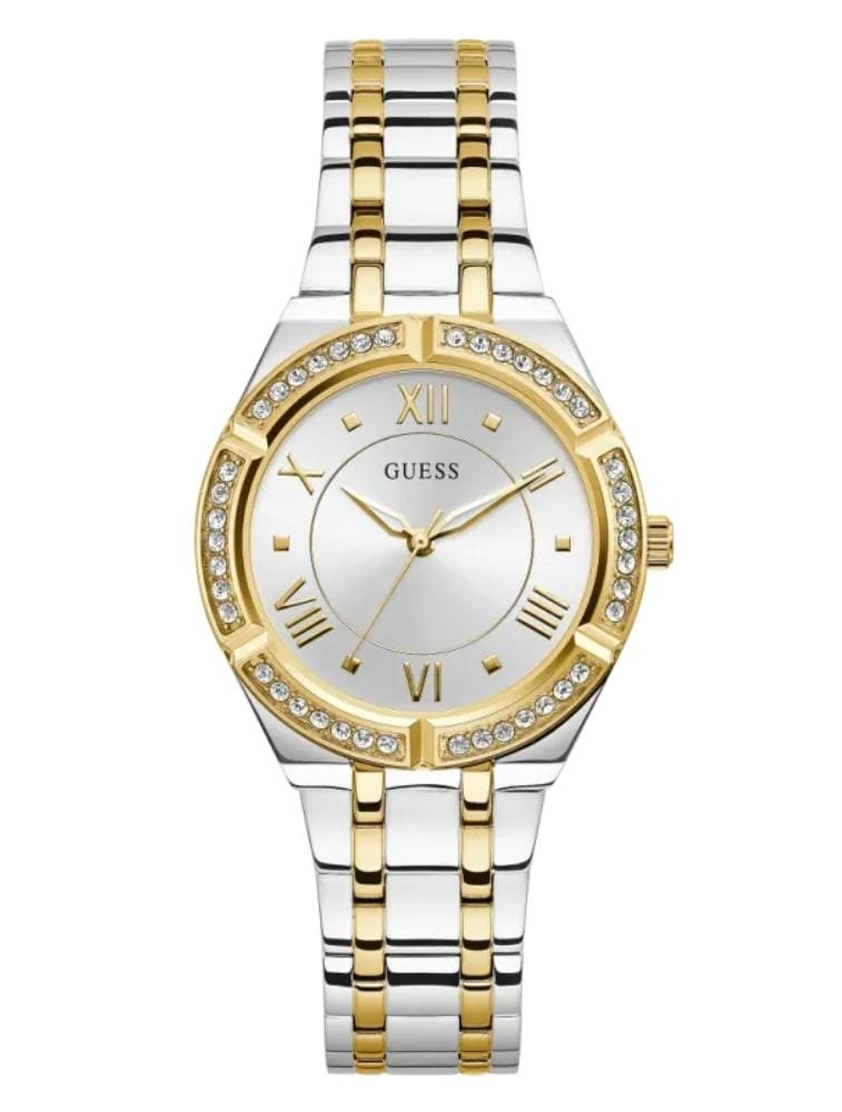 Product: GW0033L4 Dial Finish: Sunray Case Material: Stainless Steel Band Color: Silver Tone/Gold Tone Buckle/Clasp: Pilot Buckle Case Color: Silver Tone/Gold Tone Case Size: 36mm Dial Color: Silver Watch Movement: Analog