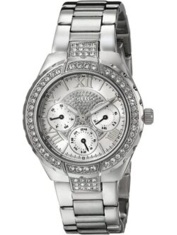Marque: GUESS Modèle: Park Ave Boîtier: Diamètre : 36 mm Epaisseur : 9 mm Acier inoxydable Argent, doré Cadran: Verre : Minéral Argent Bracelet: Largeur : 19 mm Acier Inoxydable Argent, doré Etanchéité: 30 m (3 ATM) Type de boucle: Boucle déployante
