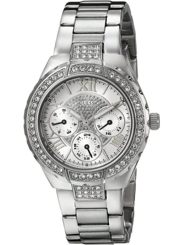 Marque: GUESS Modèle: Park Ave Boîtier: Diamètre : 36 mm Epaisseur : 9 mm Acier inoxydable Argent, doré Cadran: Verre : Minéral Argent Bracelet: Largeur : 19 mm Acier Inoxydable Argent, doré Etanchéité: 30 m (3 ATM) Type de boucle: Boucle déployante