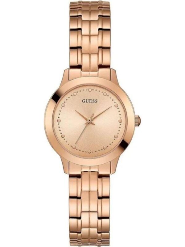 Marque: Guess Modèle: Park Ave South Boîtier: Diamètre : 30 mm Epaisseur : 9 mm Acier inoxydable Doré Cadran: Verre : Minéral Blanc Bracelet: Largeur : 19 mm Acier inoxydable Doré Etanchéité: 30 m (3 ATM) Type de boucle: Boucle déployante