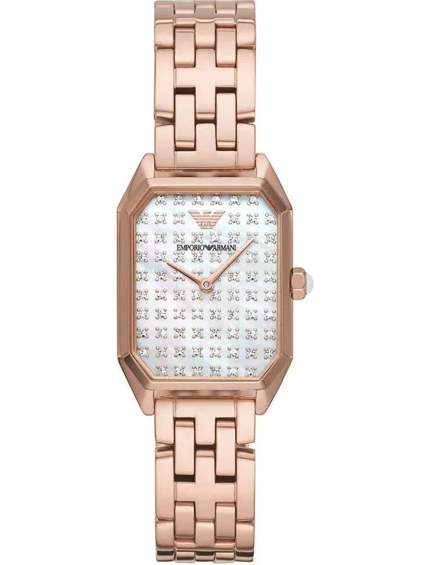 Montre Emporio Armani AR11389 Gioia rectangulaire en or rose avec cadran en nacre pour femme au Maroc.