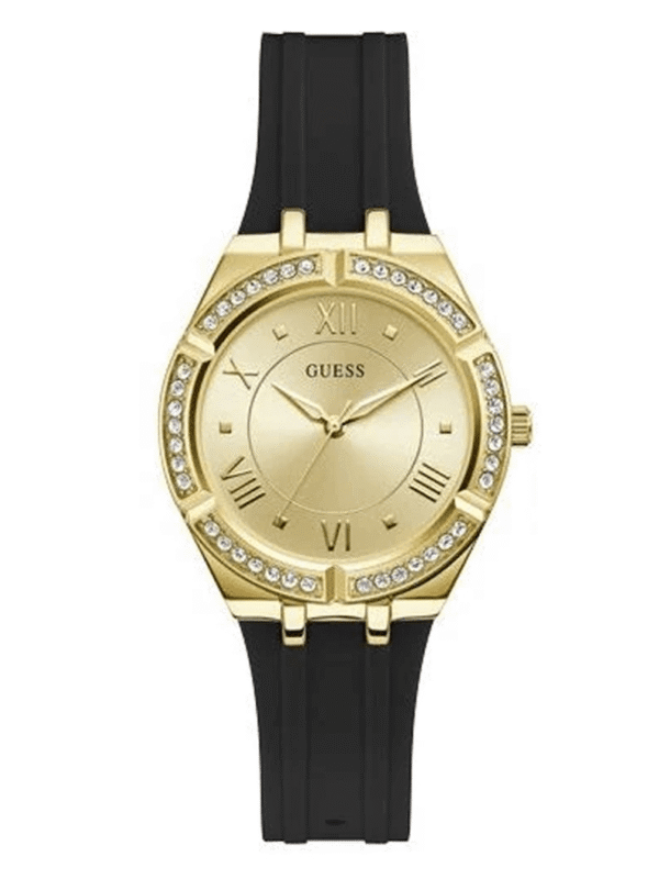 Montre femme GUESS GW0034L1 dorée avec bracelet noir intégré et cristaux sur la lunette.