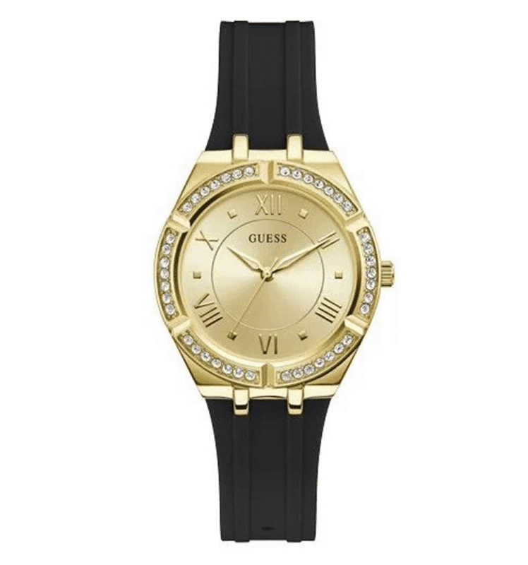 Montre femme GUESS GW0034L1 dorée avec bracelet noir intégré et cristaux sur la lunette.