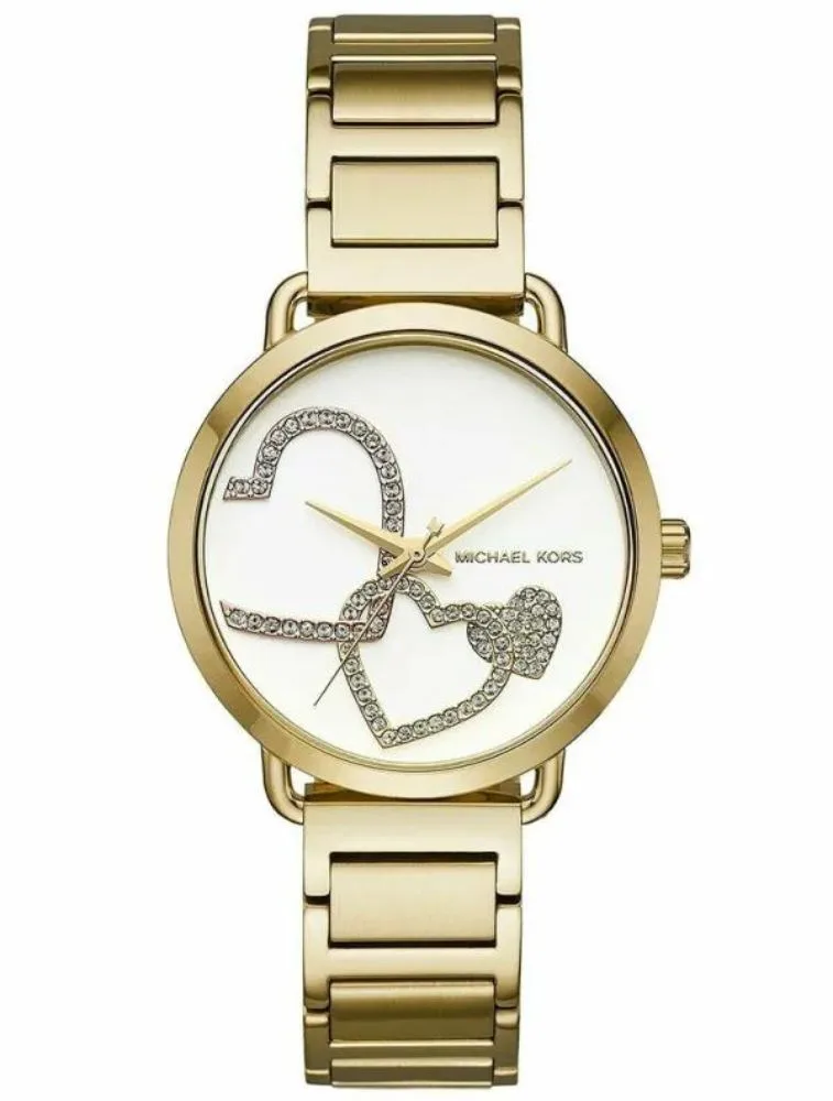 Montre Femme Michael Kors Portia MK3824 Dorée Cœurs Montre Michael Kors MK3824 Portia dorée avec cadran à cœurs en cristaux pour femme au Maroc.