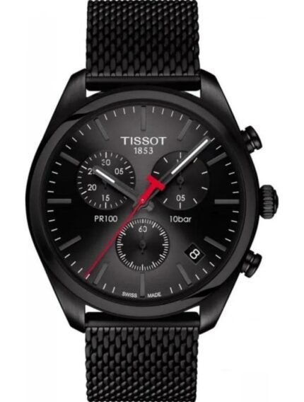 Marque: TISSOT Modèle: PR100 T-Classic Boîtier: Diamètre : 41 mm Epaisseur : 10.71 mm Acier inoxydable Cadran: Verre : Minéral Noir Bracelet: Largeur : 20 mm Acier inoxydable Noir Etanchéité: 100 m (10 ATM) Type de boucle: Boucle déployante Détails techniques: Dateur Chronomètre