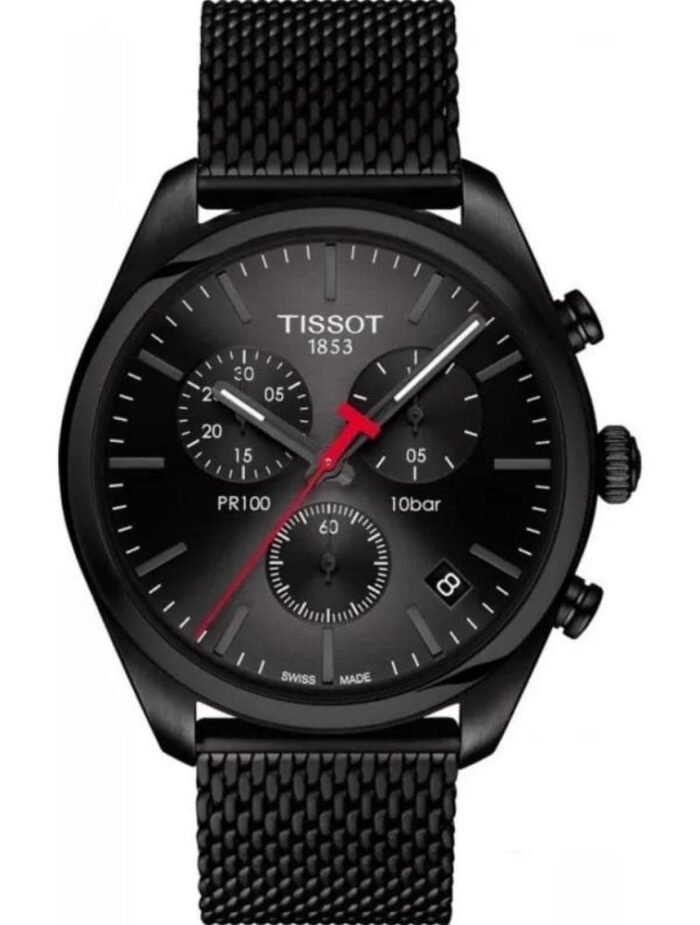 Marque: TISSOT Modèle: PR100 T-Classic Boîtier: Diamètre : 41 mm Epaisseur : 10.71 mm Acier inoxydable Cadran: Verre : Minéral Noir Bracelet: Largeur : 20 mm Acier inoxydable Noir Etanchéité: 100 m (10 ATM) Type de boucle: Boucle déployante Détails techniques: Dateur Chronomètre
