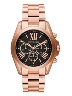 Marque: Michael Kors Modèle: Bradshaw MK5854 Boîtier: Diamètre : 43 mm Epaisseur : 13 mm Acier inoxydable Gold Rose Cadran: Verre : Minéral Noir Bracelet: Largeur : 22 mm Acier inoxydable Gold rose Etanchéité: 100 m (10 ATM) Type de boucle: Boucle déployante Détails techniques: Dateur Chronomètre