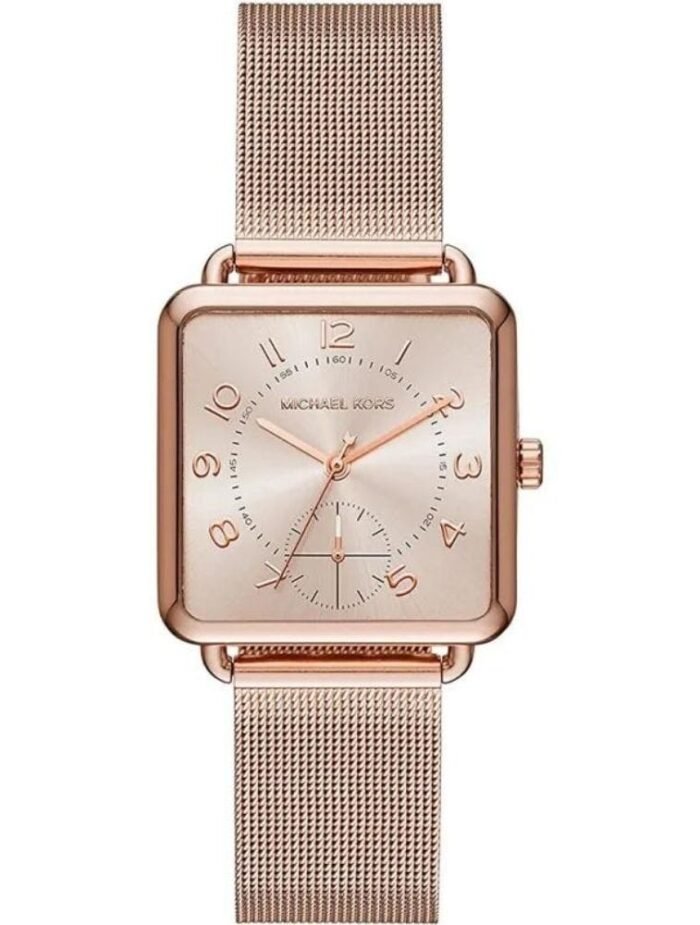 Marque: Michael Kors Modèle: Brenner Boîtier: Diamètre : 31 mm Epaisseur : 8 mm Acier inoxydable Rose Gold Cadran: Verre : Minéral Rose Gold Bracelet: Largeur : 18 mm Acier inoxydable Doré Etanchéité: 50 m (5 ATM) Type de boucle: Boucle déployante