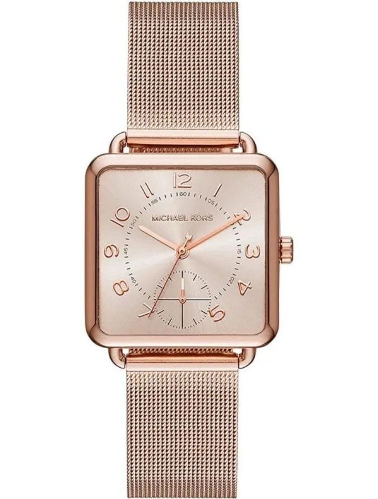 Marque: Michael Kors Modèle: Brenner Boîtier: Diamètre : 31 mm Epaisseur : 8 mm Acier inoxydable Rose Gold Cadran: Verre : Minéral Rose Gold Bracelet: Largeur : 18 mm Acier inoxydable Doré Etanchéité: 50 m (5 ATM) Type de boucle: Boucle déployante