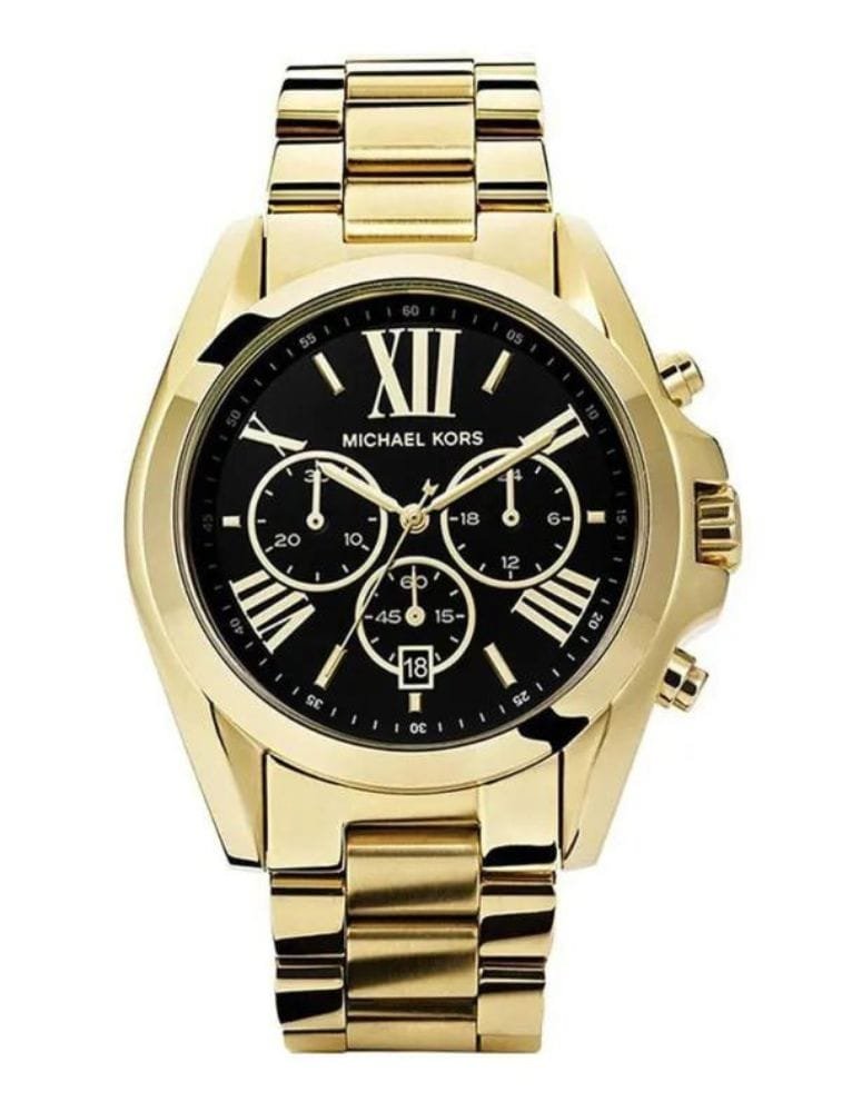 Marque: Michael Kors Modèle: Bradshaw Boîtier: Diamètre : 43 mm Epaisseur : 13 mm Acier inoxydable Doré Cadran: Verre : Minéral Noir Bracelet: Largeur : 22 mm Acier inoxydable Doré Etanchéité: 100 m (10 ATM) Type de boucle: Boucle déployante Détails techniques: Dateur Chronomètre